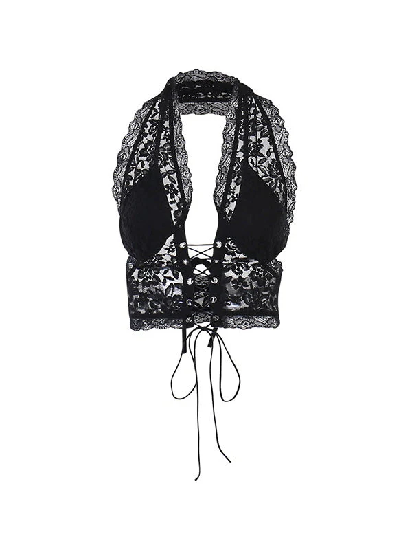 Tie Front Lace Halter Tank Top - Image 7