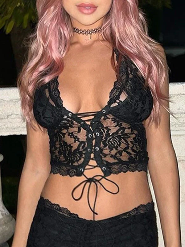 Tie Front Lace Halter Tank Top - Image 8