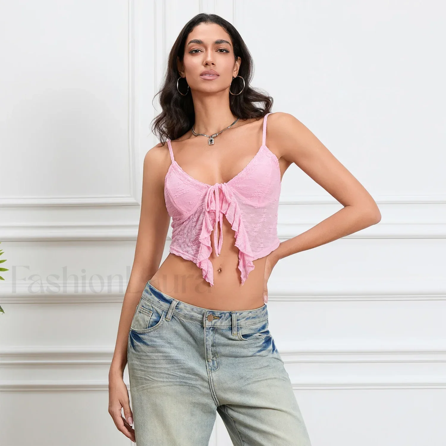 Tie-Front Lace Trim Crop Top - Image 11