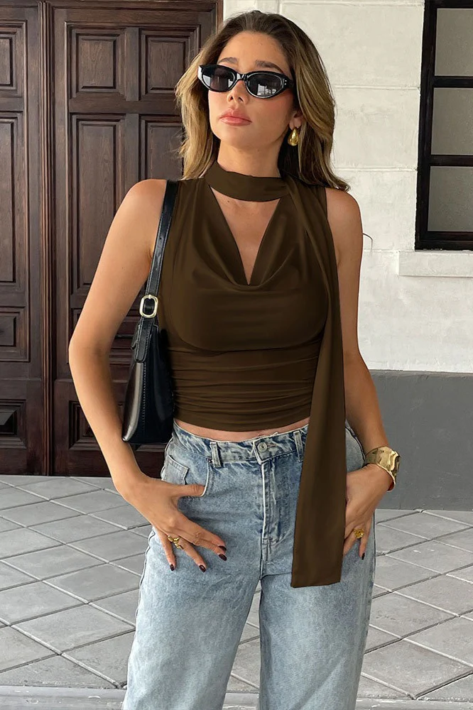 Tie Strap Draped Neck Cinched Crop Top - Image 7