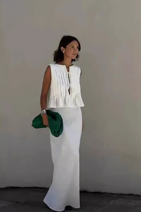 Tie Strap Sleeveless Top High Waist Skirt Set - Image 3
