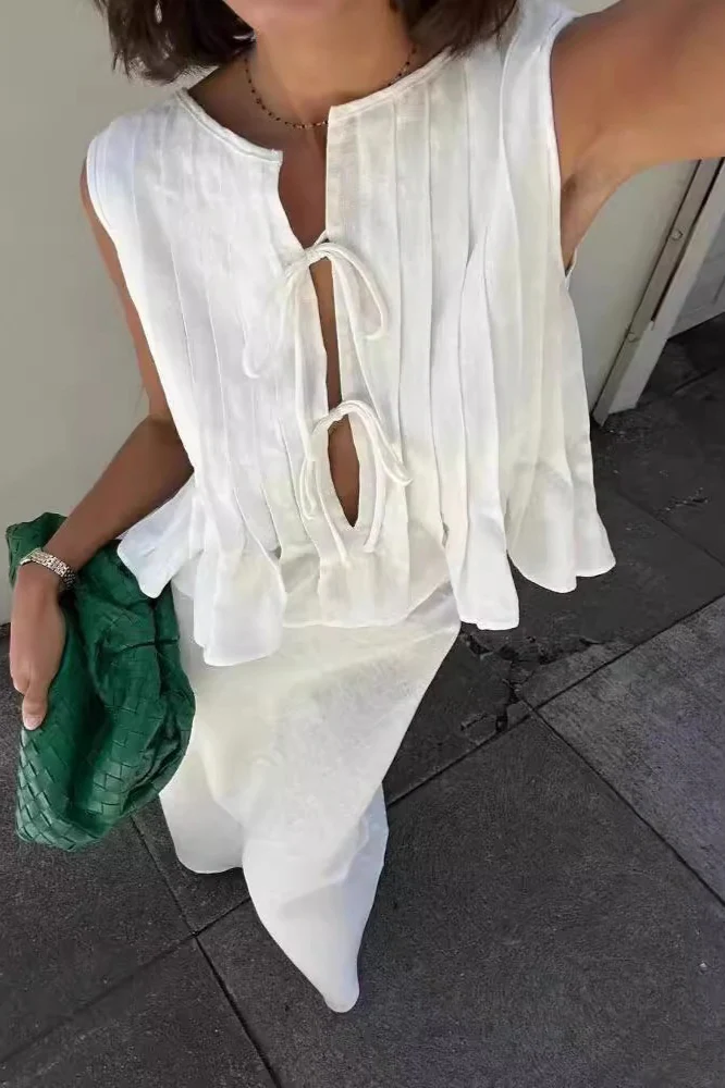 Tie Strap Sleeveless Top High Waist Skirt Set - Image 4