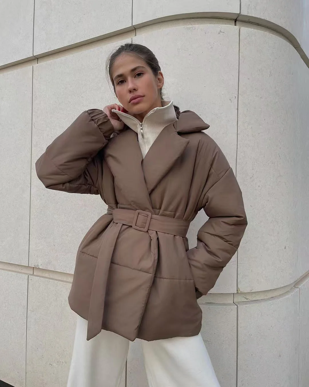 Tie Waist Cotton V-Neck Puffer Jacket - Image 4