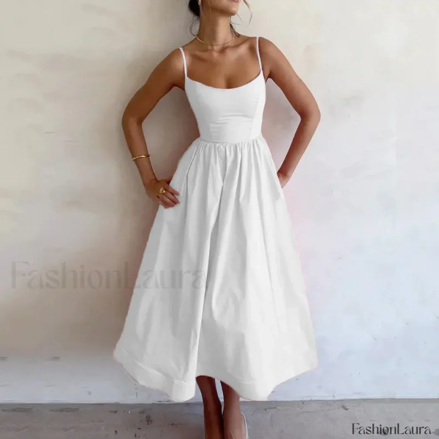 U-Neck Pleated Sundress Midi Dress - Image 15