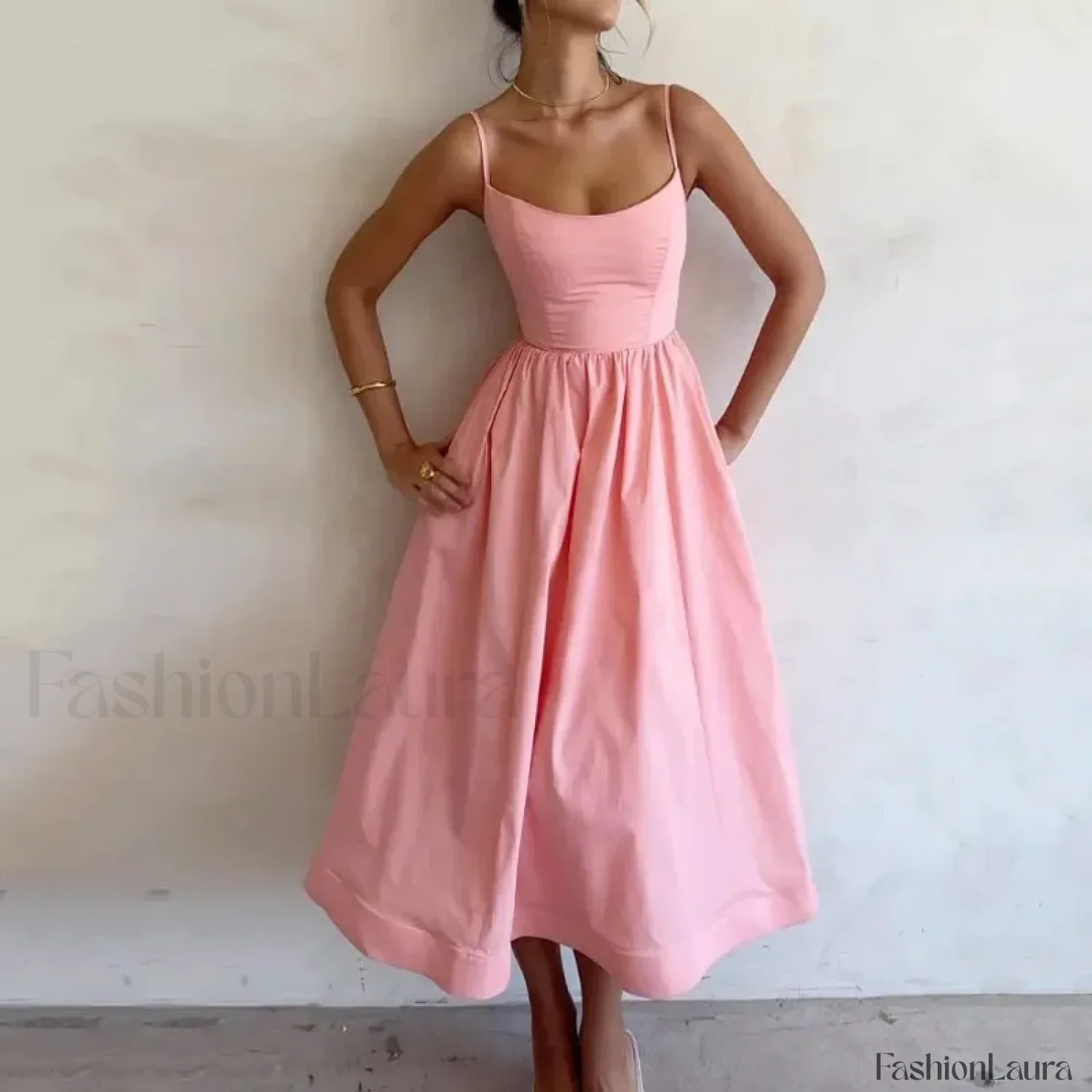 U-Neck Pleated Sundress Midi Dress - Image 17