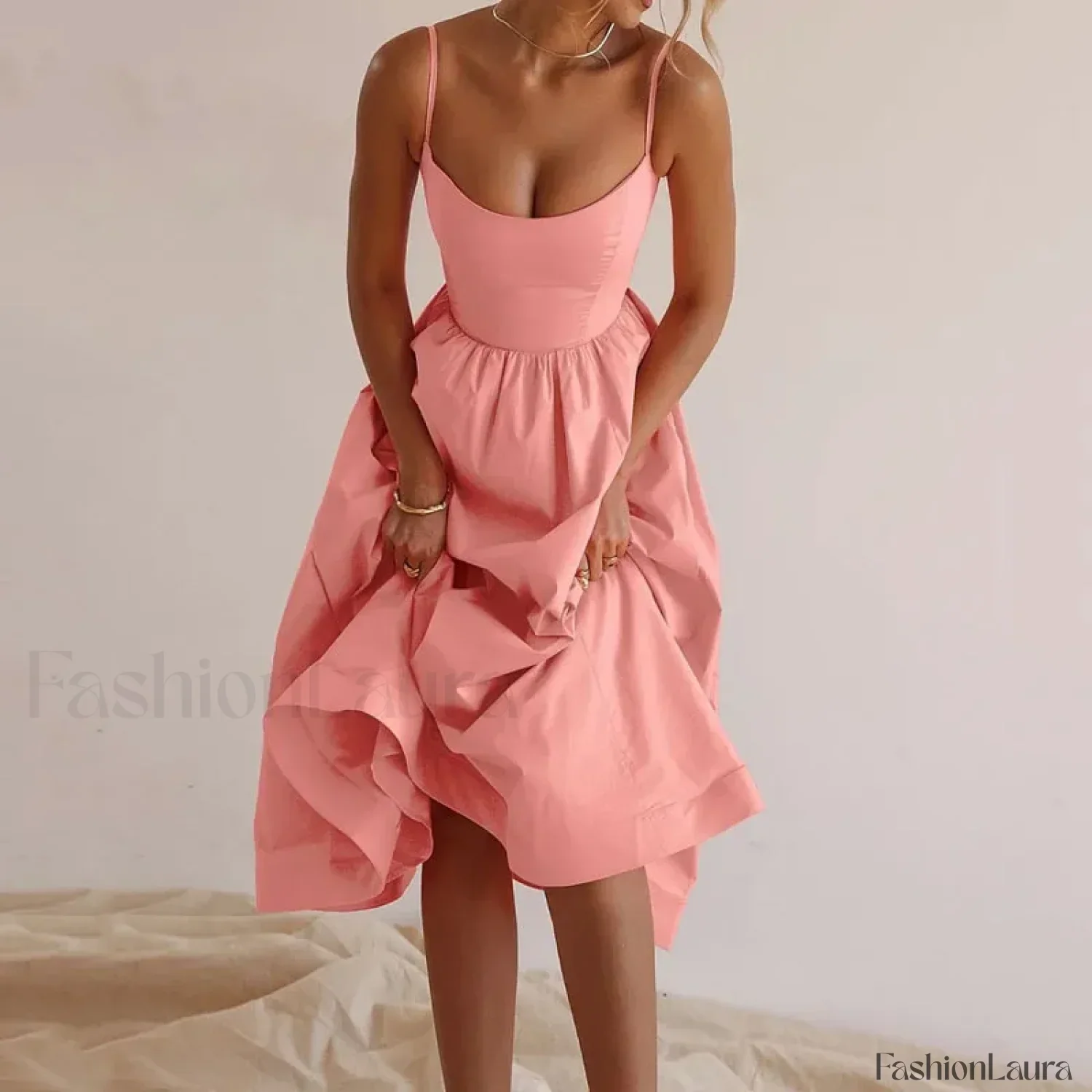 U-Neck Pleated Sundress Midi Dress - Image 18