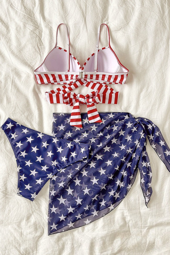 US Flag Printed Strappy Three Piece Swim Set - Image 7