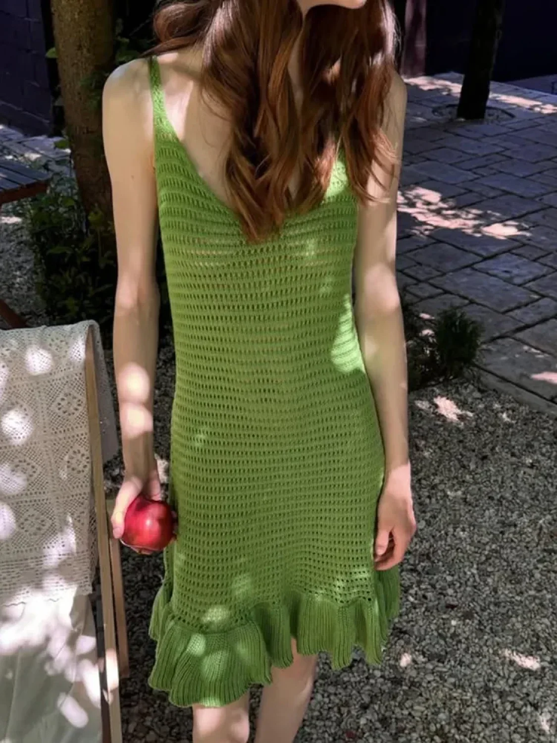 V-Neck Backless Knitted Ruffle Cover Up - Image 2