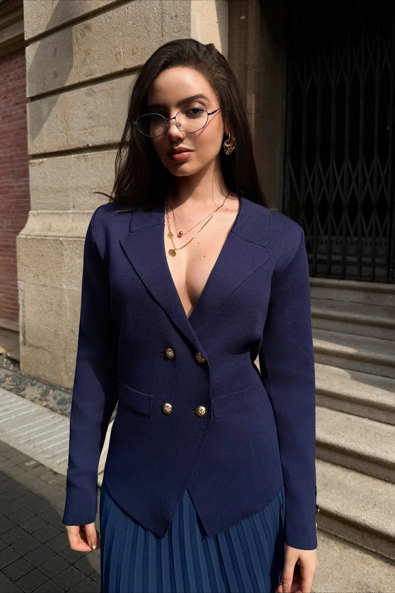 V Neck Double Breasted Knit Blazer Pleated Skirt Set - Image 14