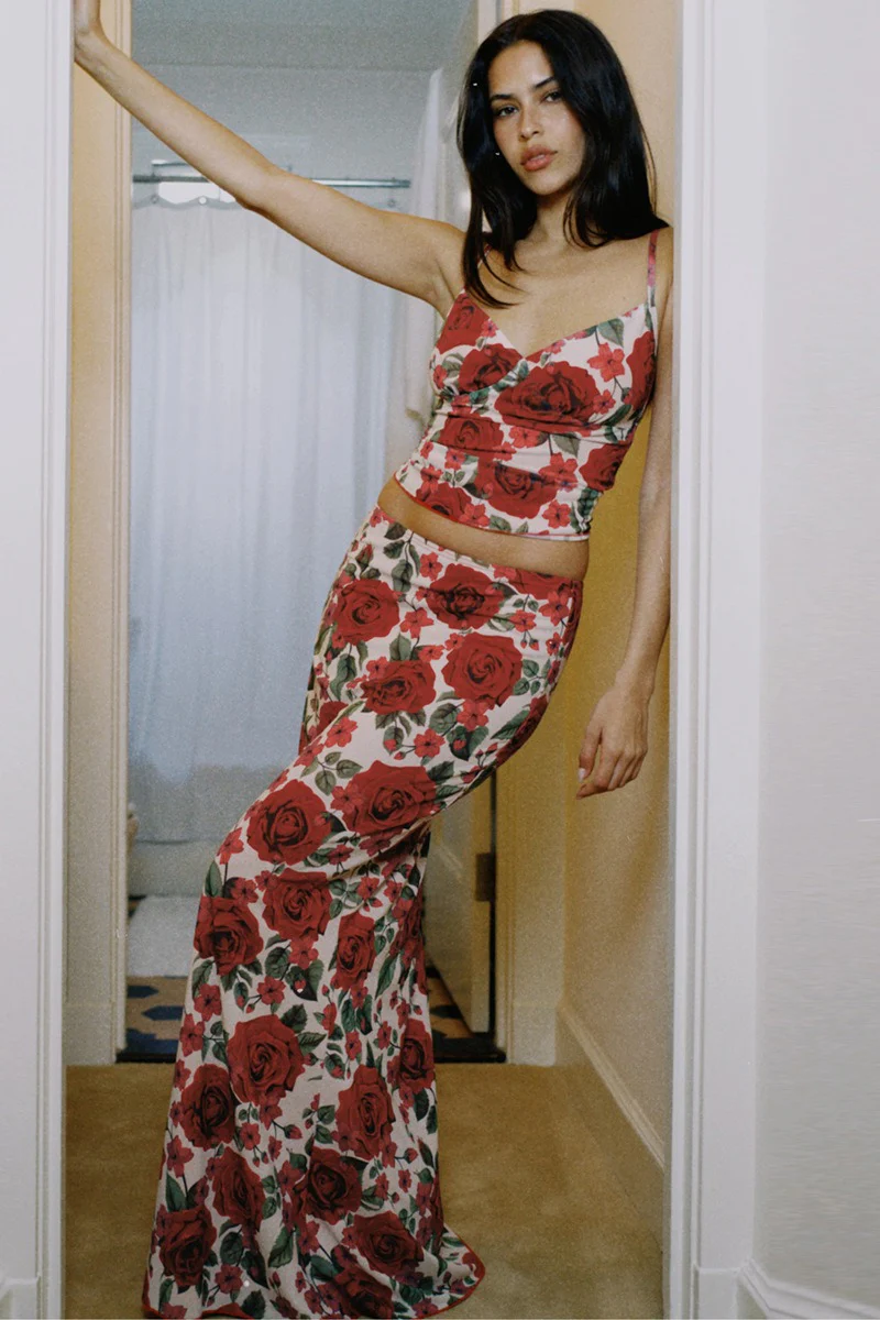 V Neck Floral Print Bodycon Maxi Skirt Set - Image 2