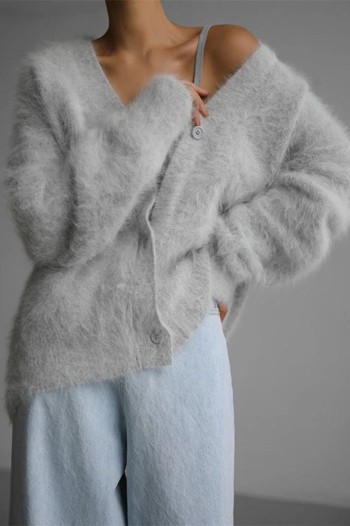 V-Neck Fluffy Knit Cardigan Sweater - Image 21