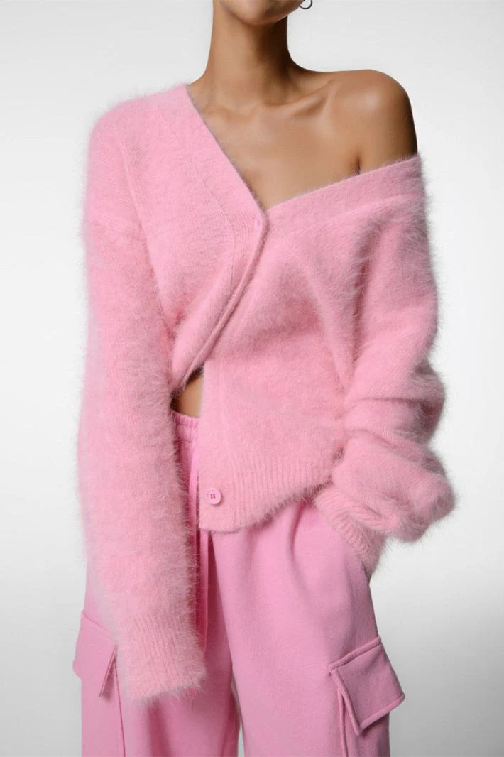 V-Neck Fluffy Knit Cardigan Sweater - Image 24