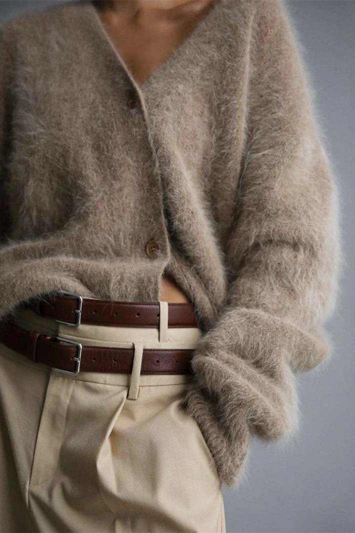 V-Neck Fluffy Knit Cardigan Sweater - Image 38