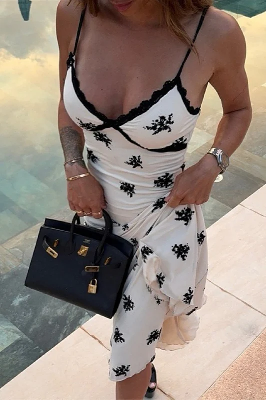 V Neck Lace Patchwork Printed Bodycon Floral Dress - Image 2