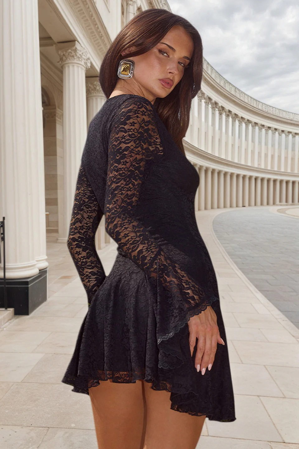 V Neck Long Sleeve Embroidered Lace Mini Dress - Image 2