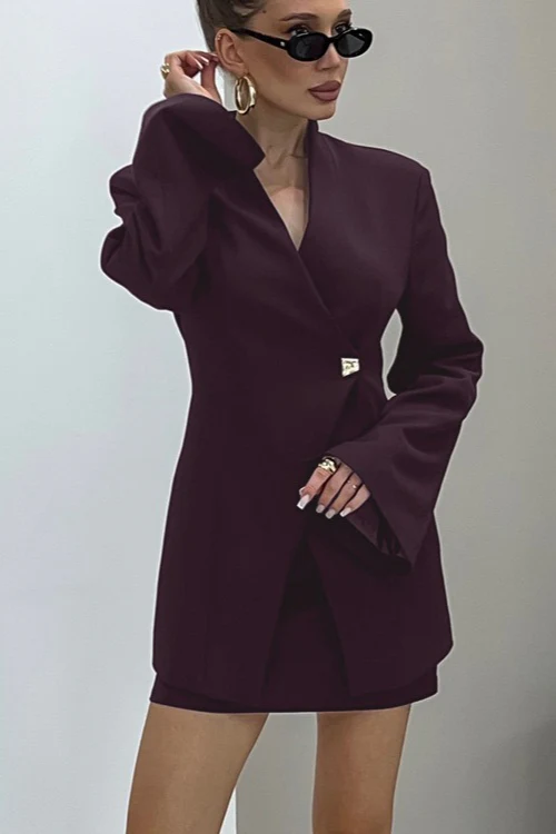 V Neck Long Sleeve Fitted Two Piece Blazer Skirt Set - Image 3