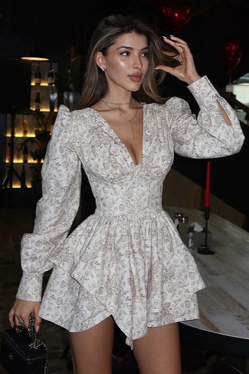 V Neck Long Sleeve High Waist A Line Floral Dress - Image 5