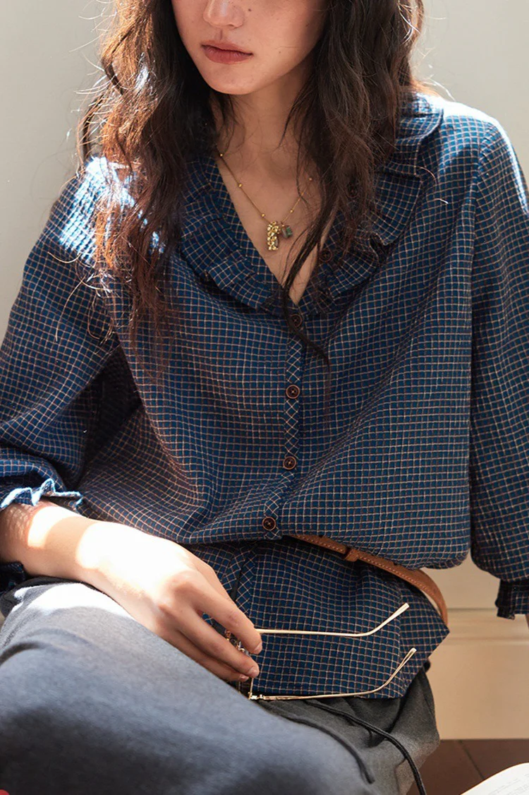 V Neck Ruffle Checkered Blouse - Image 2