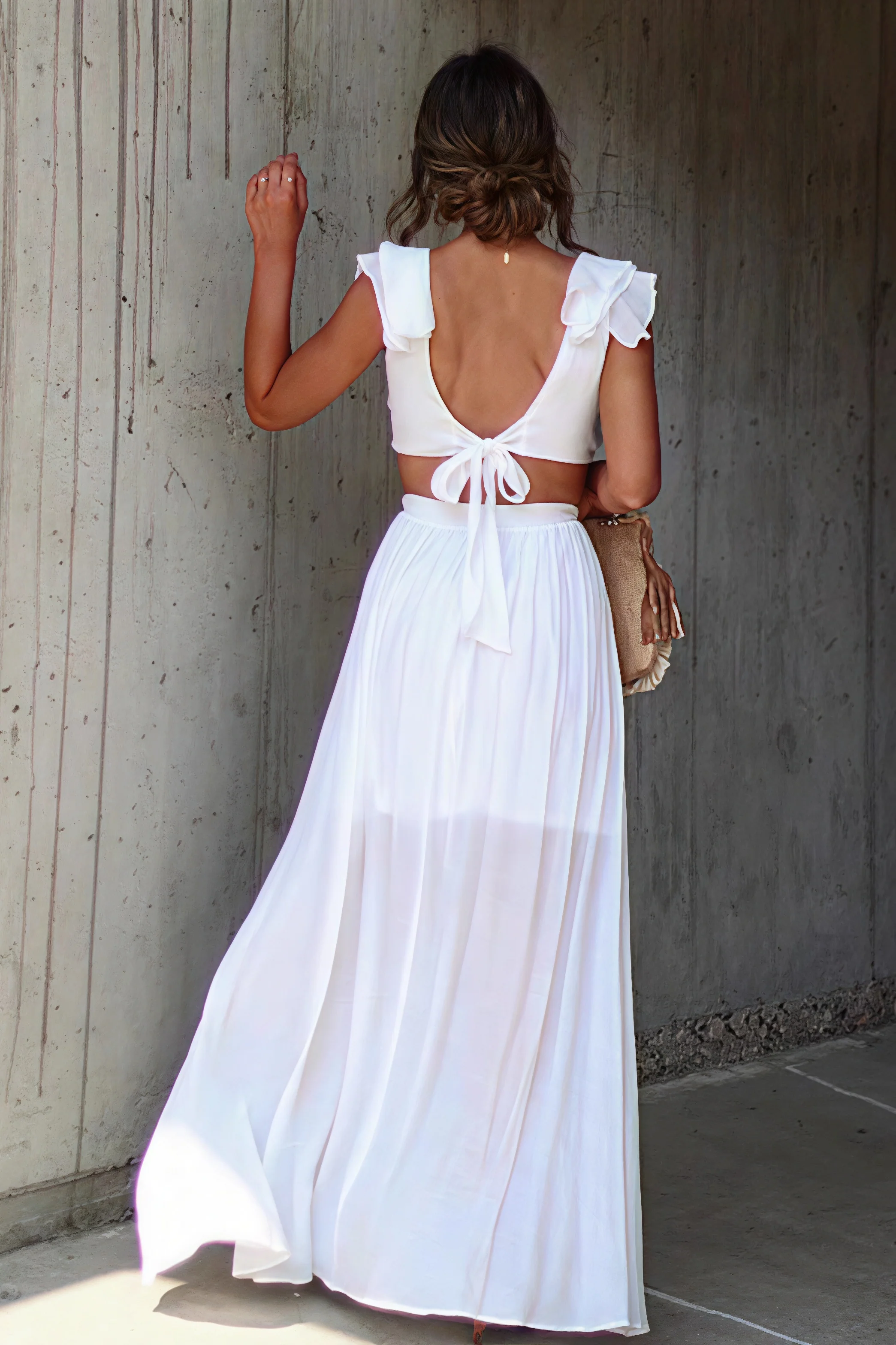 V Neck Ruffle Slit Flowy Maxi Boho Dress - Image 2