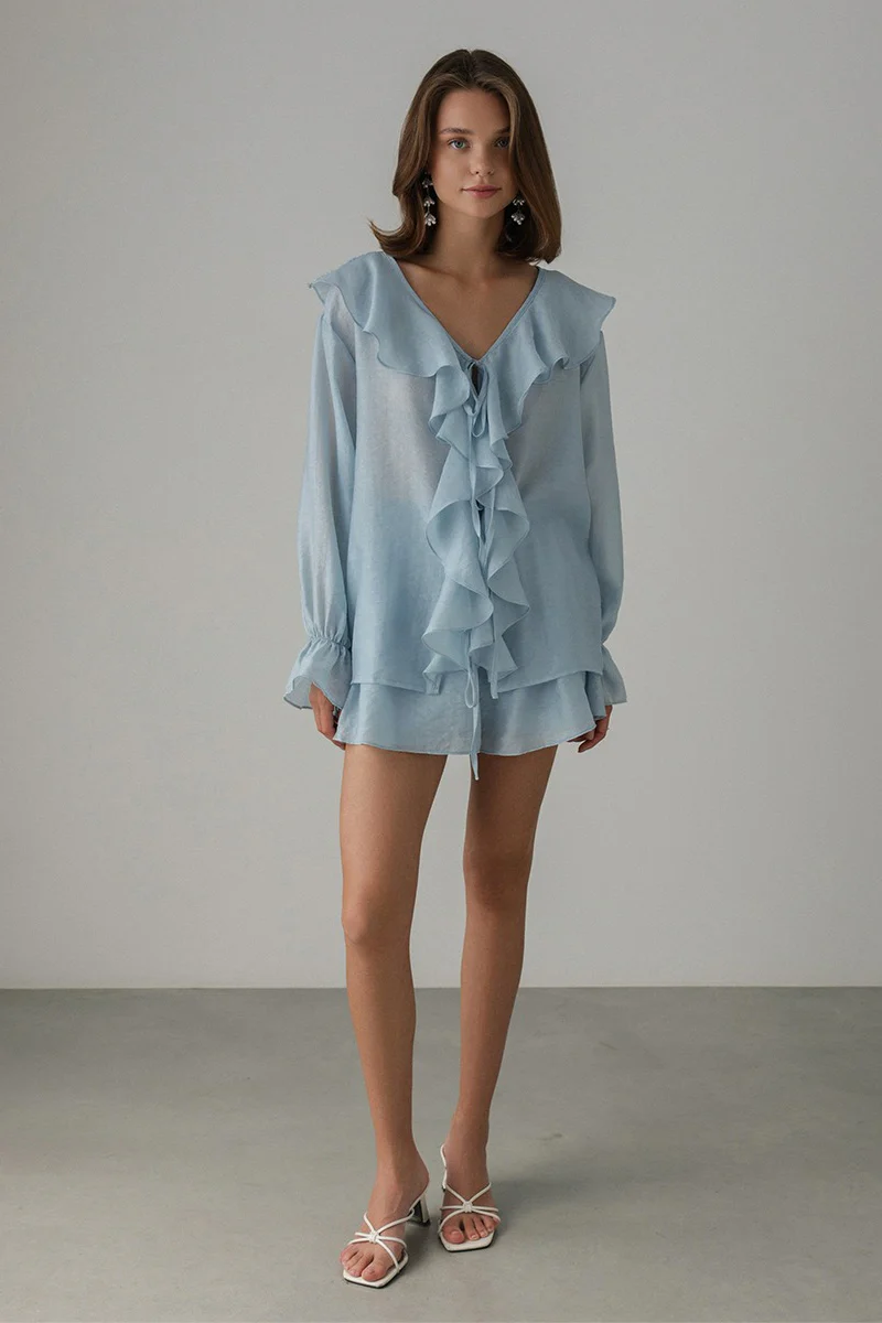 V Neck Ruffle Tie Front Blouse Shorts Set - Image 7