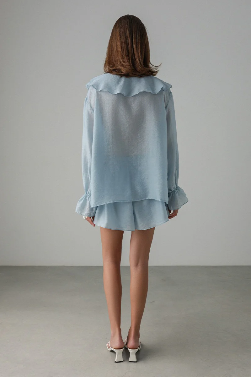 V Neck Ruffle Tie Front Blouse Shorts Set - Image 8
