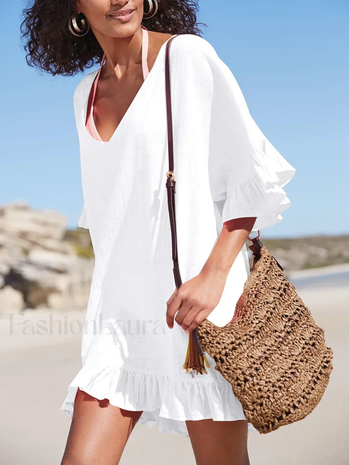 V-Neck See Through Ruffle Cover Up - Image 2