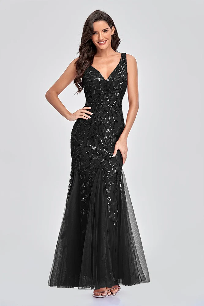 V Neck Sheer Embroidered Sequin Sexy Prom Dress - Image 13