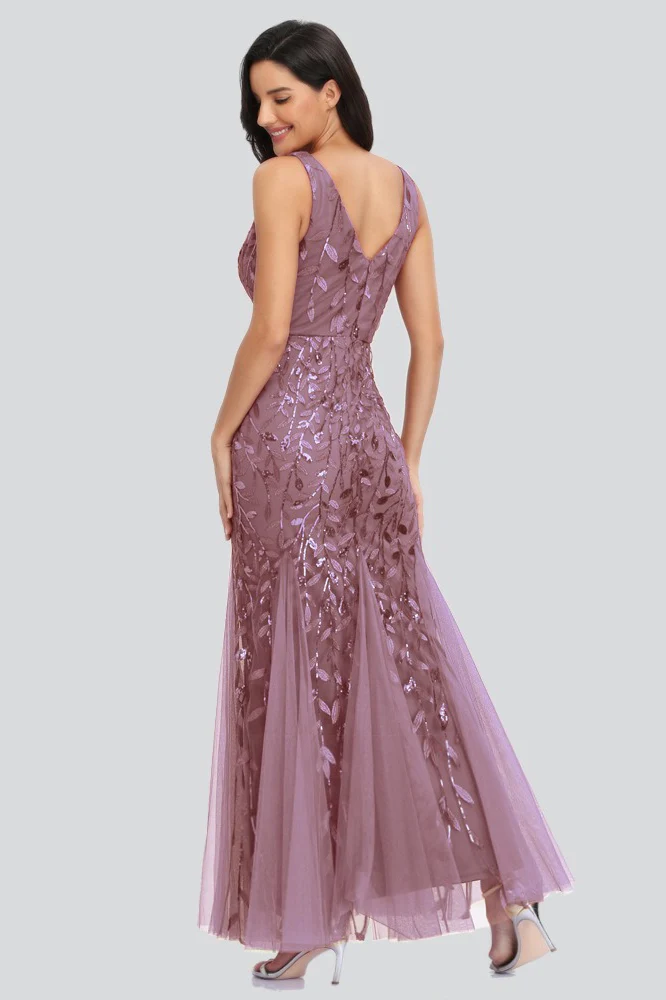 V Neck Sheer Embroidered Sequin Sexy Prom Dress - Image 3