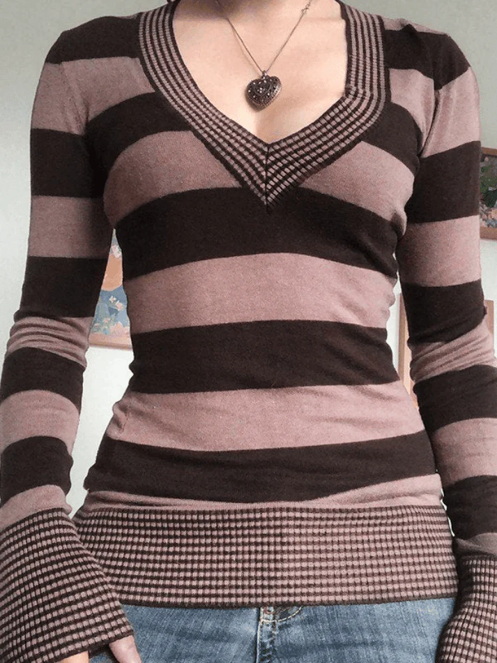 V Neck Striped Knit Top - Image 11