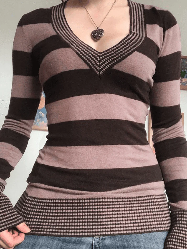 V Neck Striped Knit Top - Image 12