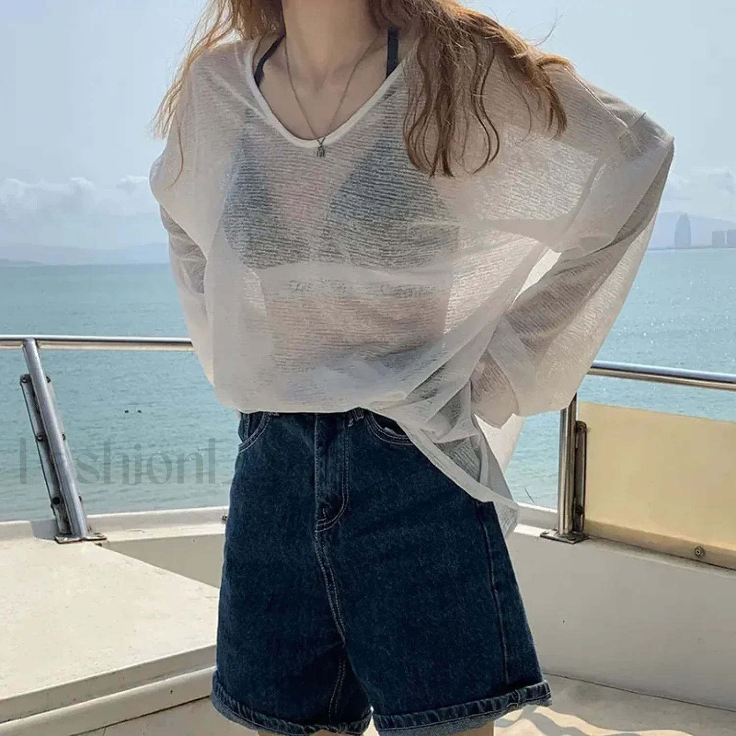 V-neck Sunscreen See Through Long Sleeve Cover Up