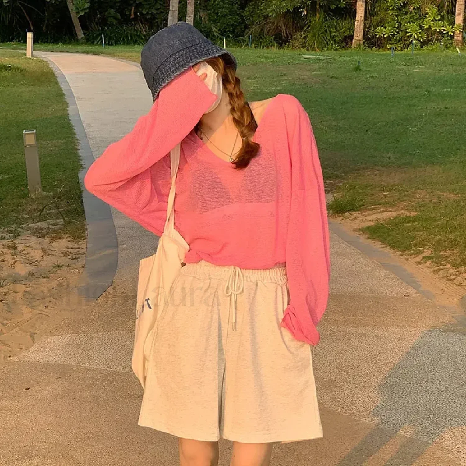 V-neck Sunscreen See Through Long Sleeve Cover Up - Image 4