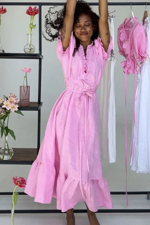 V-Neck Tie Waist Short Sleeve Boho Dress - Image 5