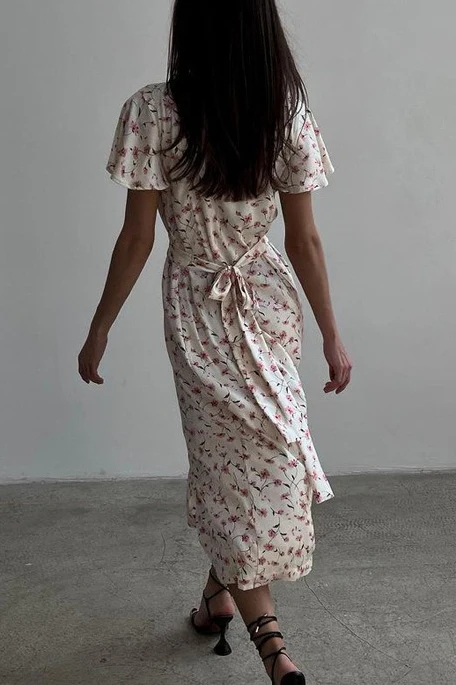 V Neck Tie Waist Short Sleeve Shirt Floral Dress - Image 4