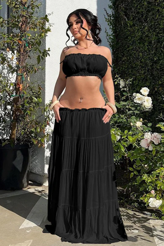 Vacation Style Solid Color Wrap Bodice Halter Skirt Set - Image 10