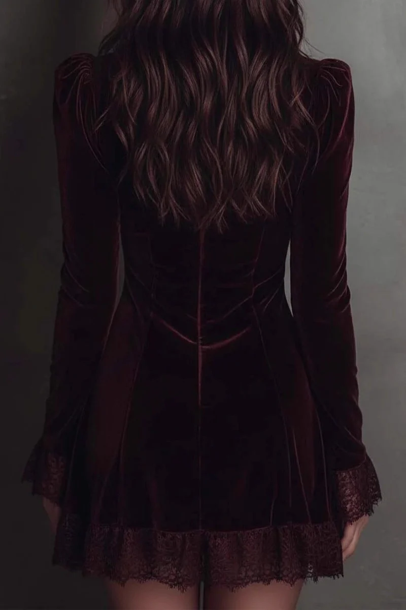 Velvet Lace Trim Mini Dress - Image 5