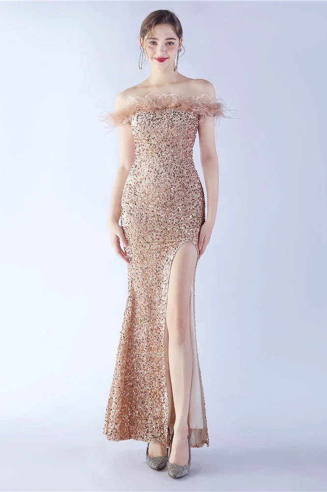 Velvet Sequin Ostrich Feather Off Shoulder Formal Dress - Image 30