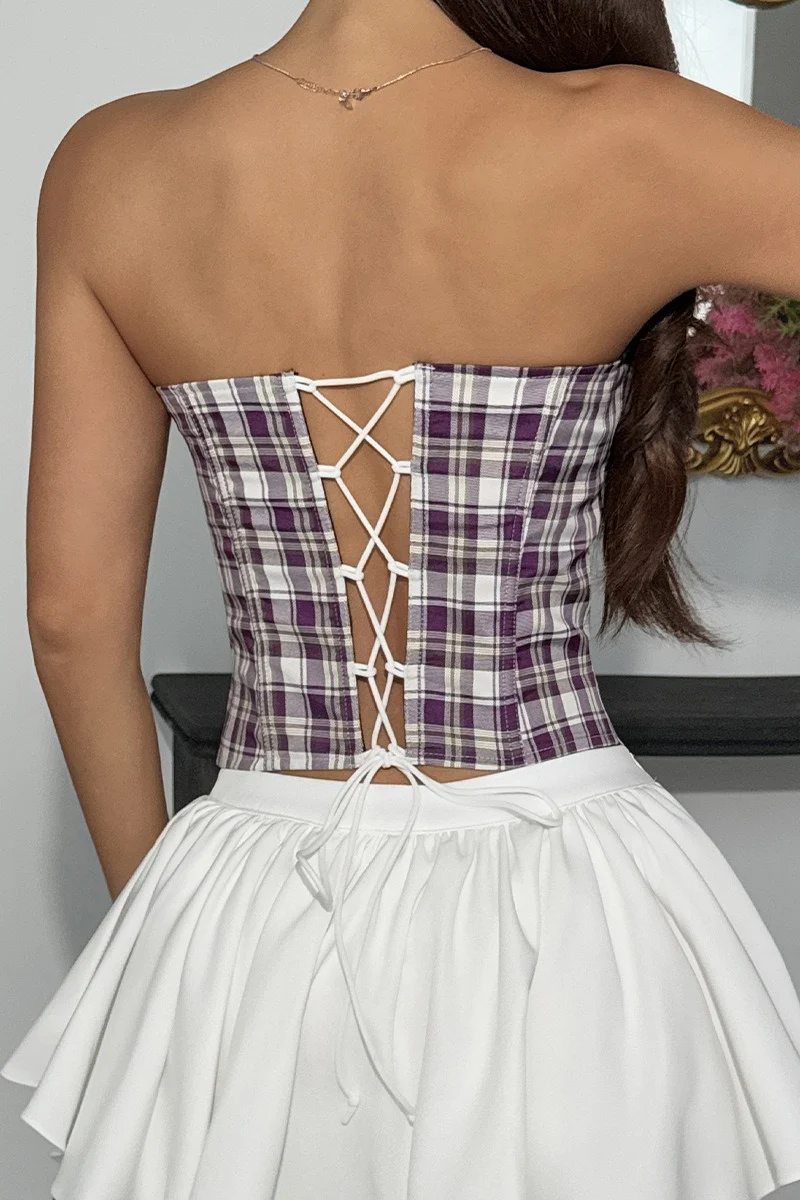 Vintage Blue Plaid Lace Edge Tube Top - Image 9
