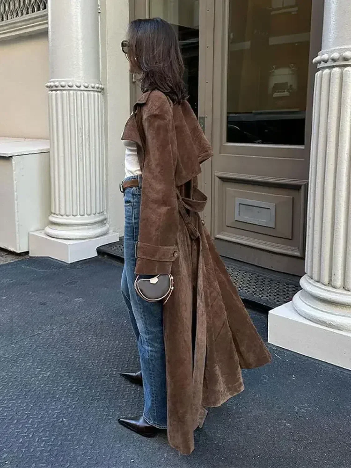 Vintage Brown Women's Lapel Long Overcoats - Image 2