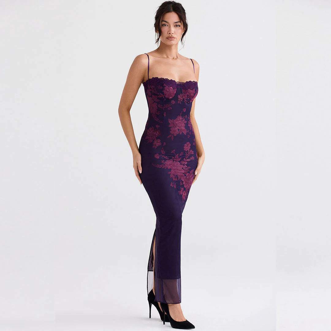 Vintage Flower Print Mesh Panel Lace Up Back Slip Maxi Dress - Black - Image 11