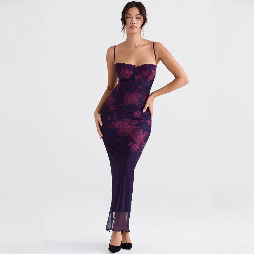 Vintage Flower Print Mesh Panel Lace Up Back Slip Maxi Dress - Black - Image 8