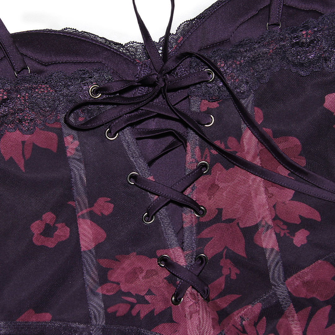 Vintage Flower Print Mesh Panel Lace Up Back Slip Maxi Dress - Black - Image 9