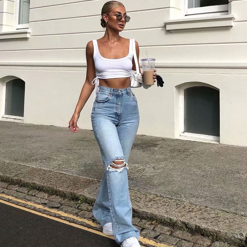 Vintage High Waist Cut Out Frayed Straight Leg Jeans - Light Blue - Image 7