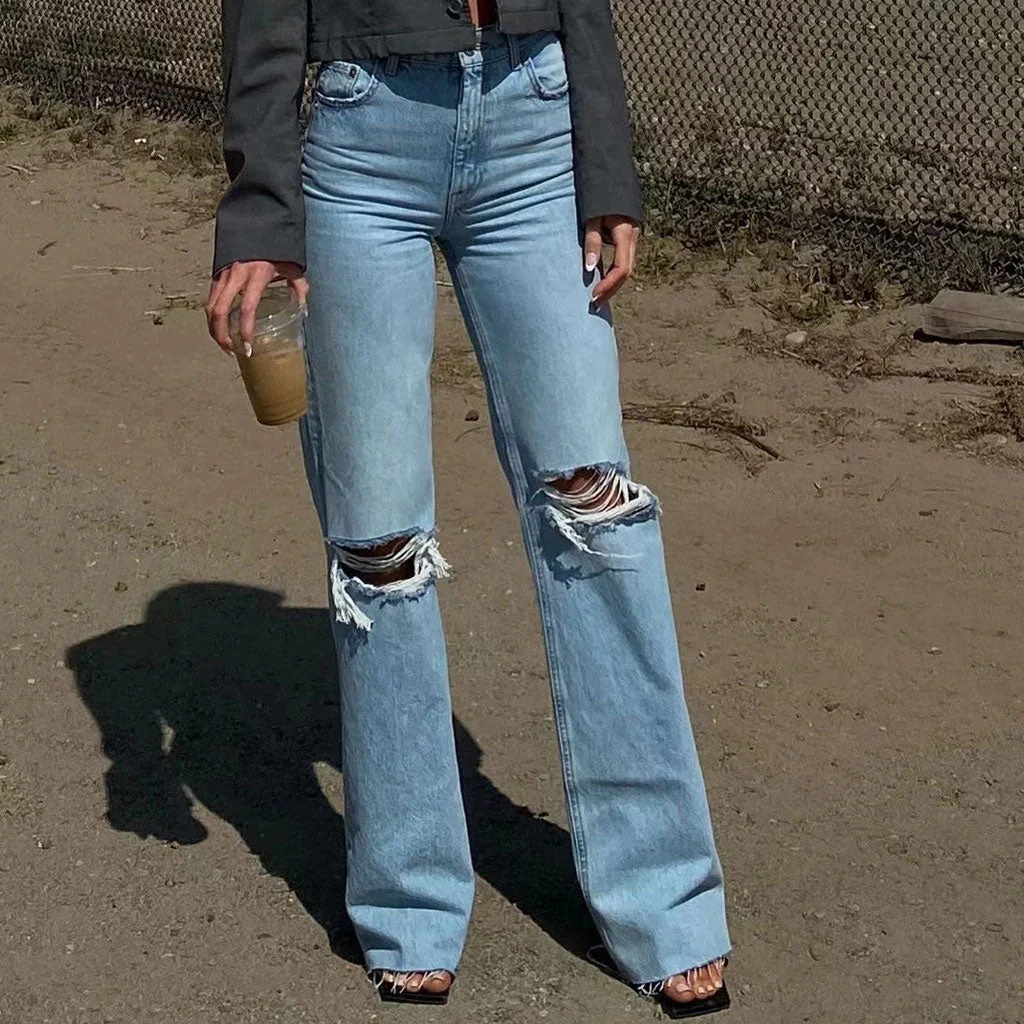 Vintage High Waist Cut Out Frayed Straight Leg Jeans - Light Blue - Image 8