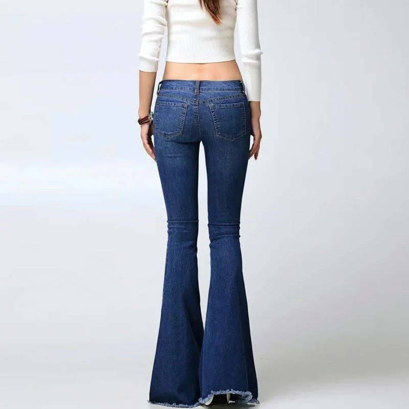 Vintage High Waist Faded Frayed Skinny Flare Jeans - Dark Blue - Image 5