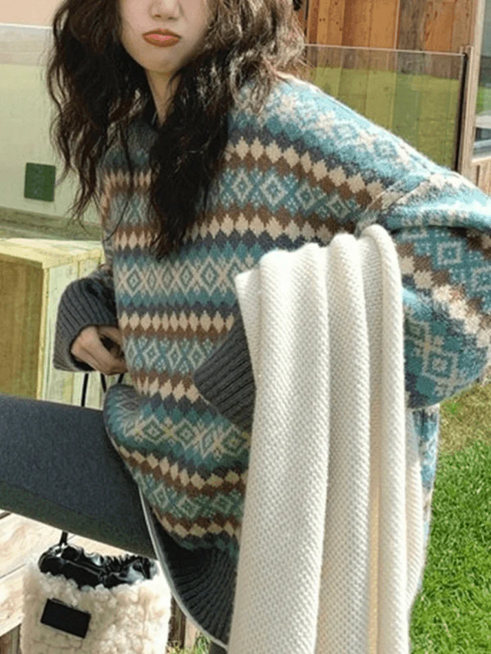 Vintage Jacquard Crew Neck Sweater - Image 5