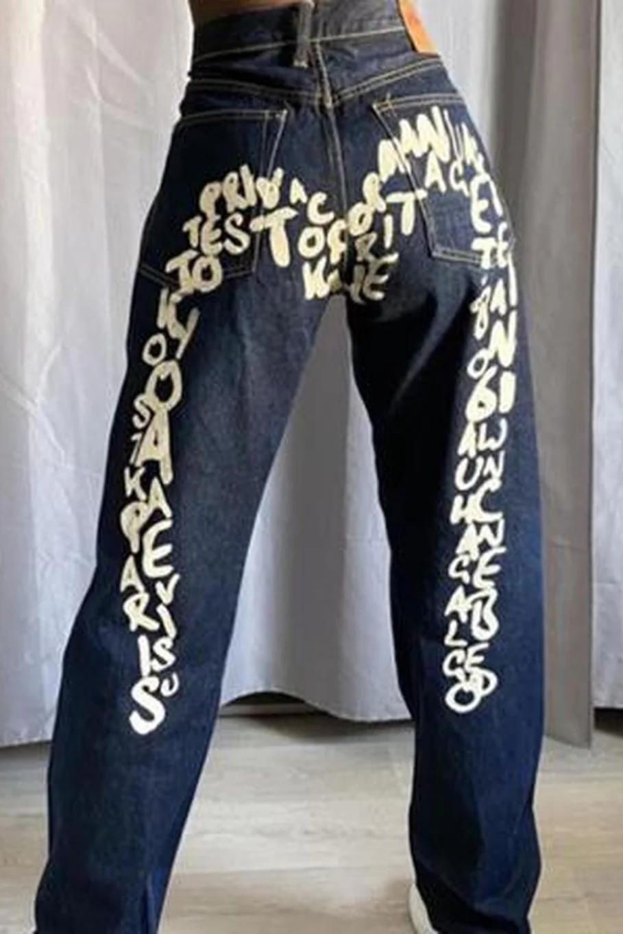 Vintage Letter Printed Loose Straight Leg Hip Hop Casual Jeans - Image 4