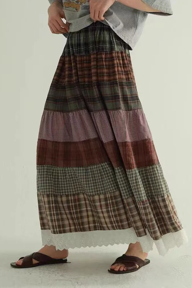 Vintage Plaid Patchwork Flared Boho Skirt - Image 2