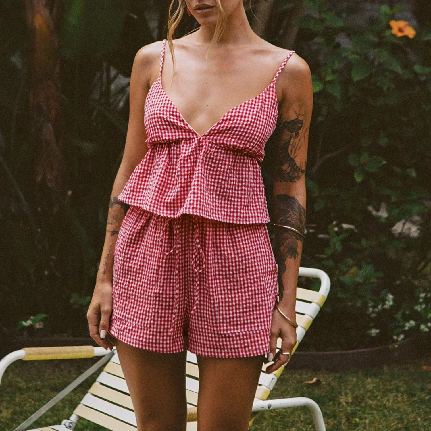 Vintage Plaid V-neck Backless Camisole Elastic Waist Shorts Two Piece Set