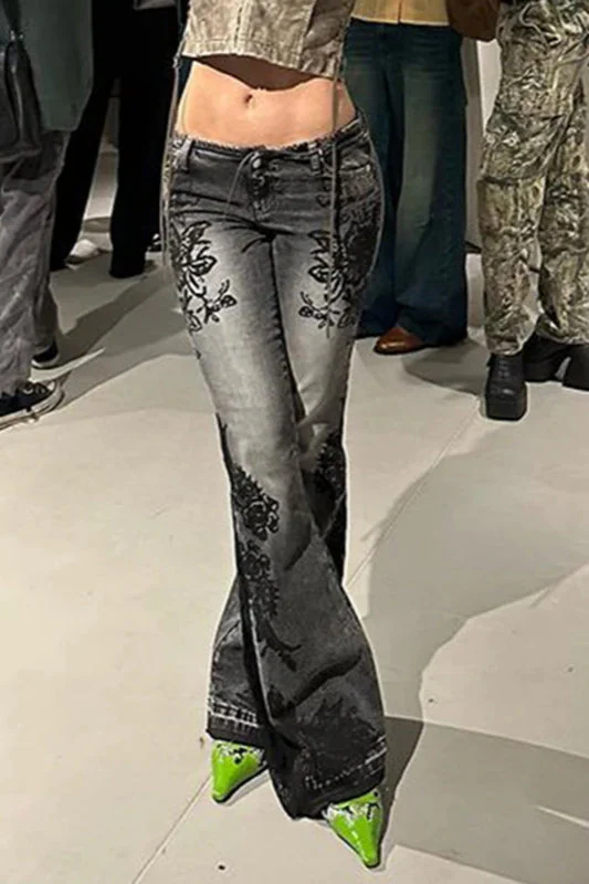 Vintage Plant Print Flared Jeans - Image 12